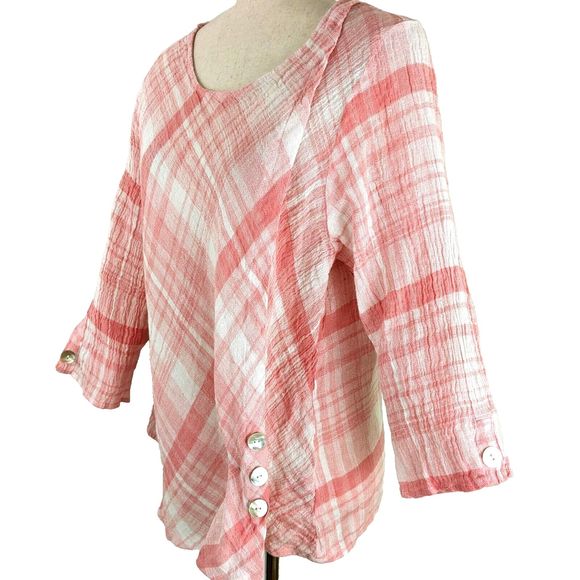 Habitat Clothes to Live In Pink Plaid Linen Blend Women's LG Pullover Top - Picture 3 of 8